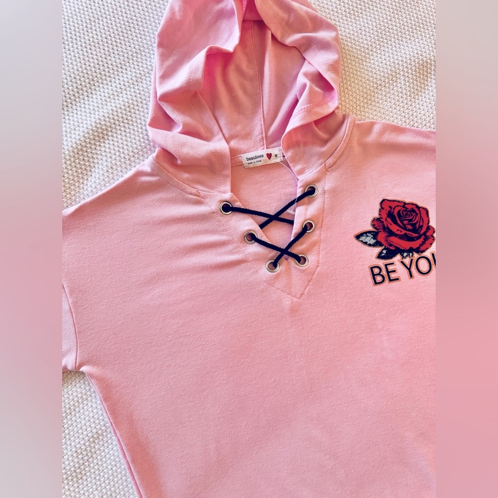 BEAUTEES Girls Pink Lace-Up Kids Hoodie Long Sleeve Tee Sporty T-shirt - Picture 5 of 14